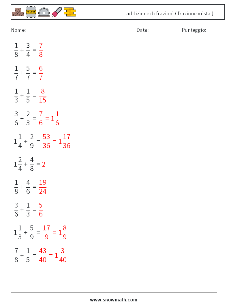 (10) addizione di frazioni ( frazione mista ) Fogli di lavoro di matematica 2 Domanda, Risposta