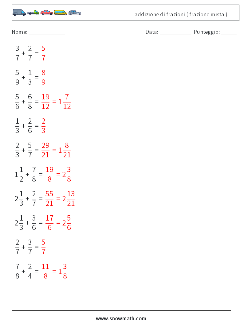 (10) addizione di frazioni ( frazione mista ) Fogli di lavoro di matematica 3 Domanda, Risposta