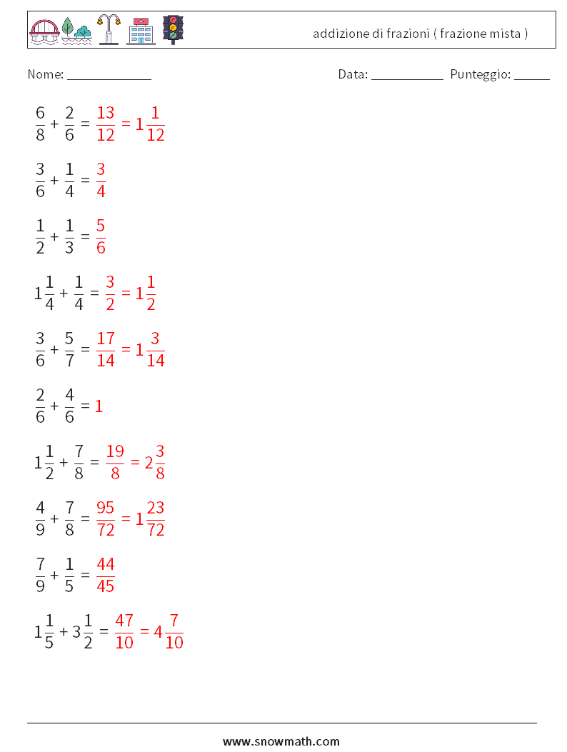 (10) addizione di frazioni ( frazione mista ) Fogli di lavoro di matematica 4 Domanda, Risposta