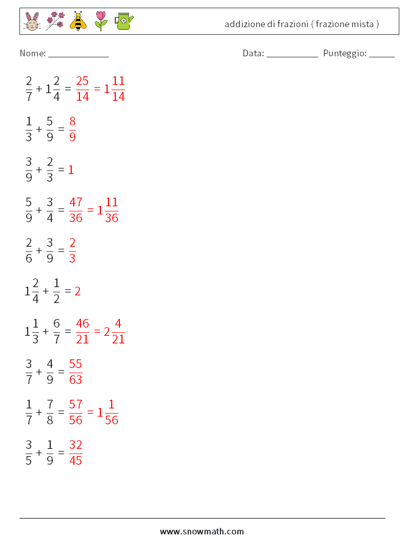 (10) addizione di frazioni ( frazione mista ) Fogli di lavoro di matematica 5 Domanda, Risposta