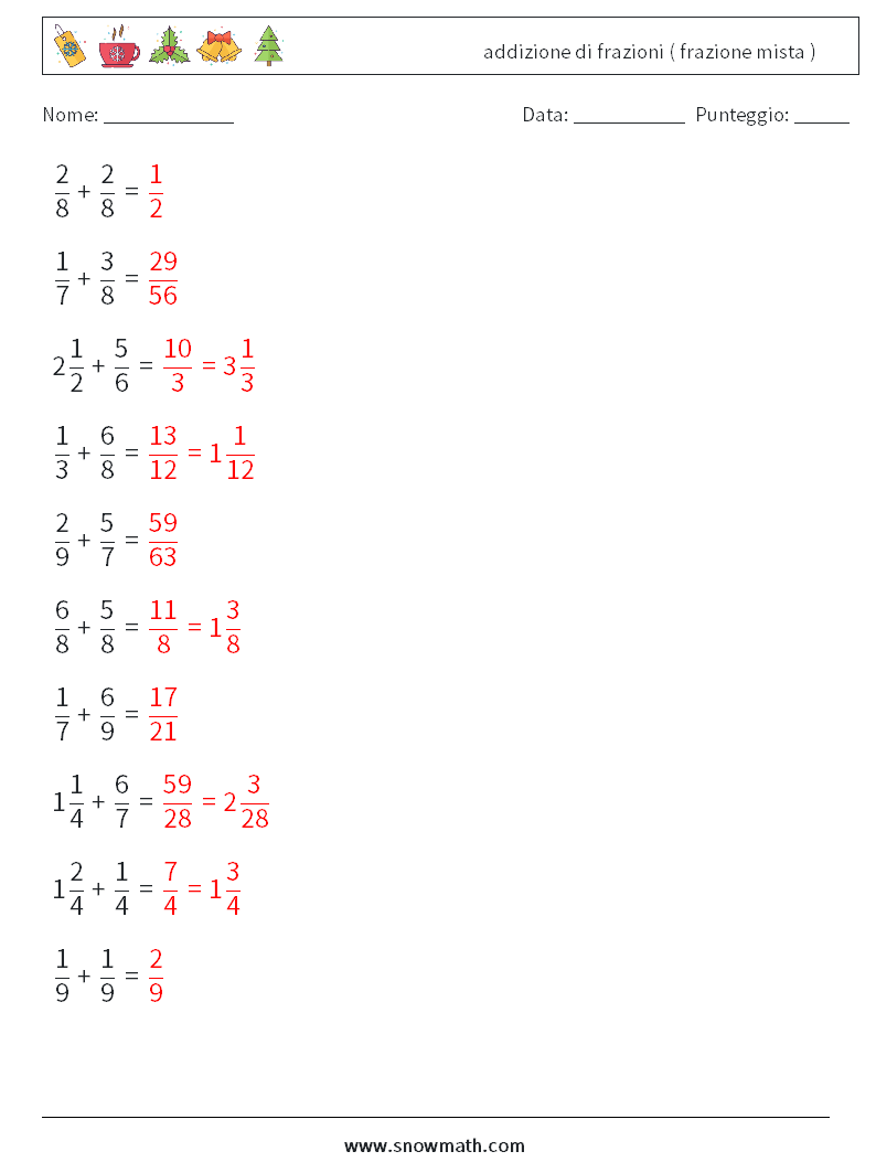 (10) addizione di frazioni ( frazione mista ) Fogli di lavoro di matematica 6 Domanda, Risposta