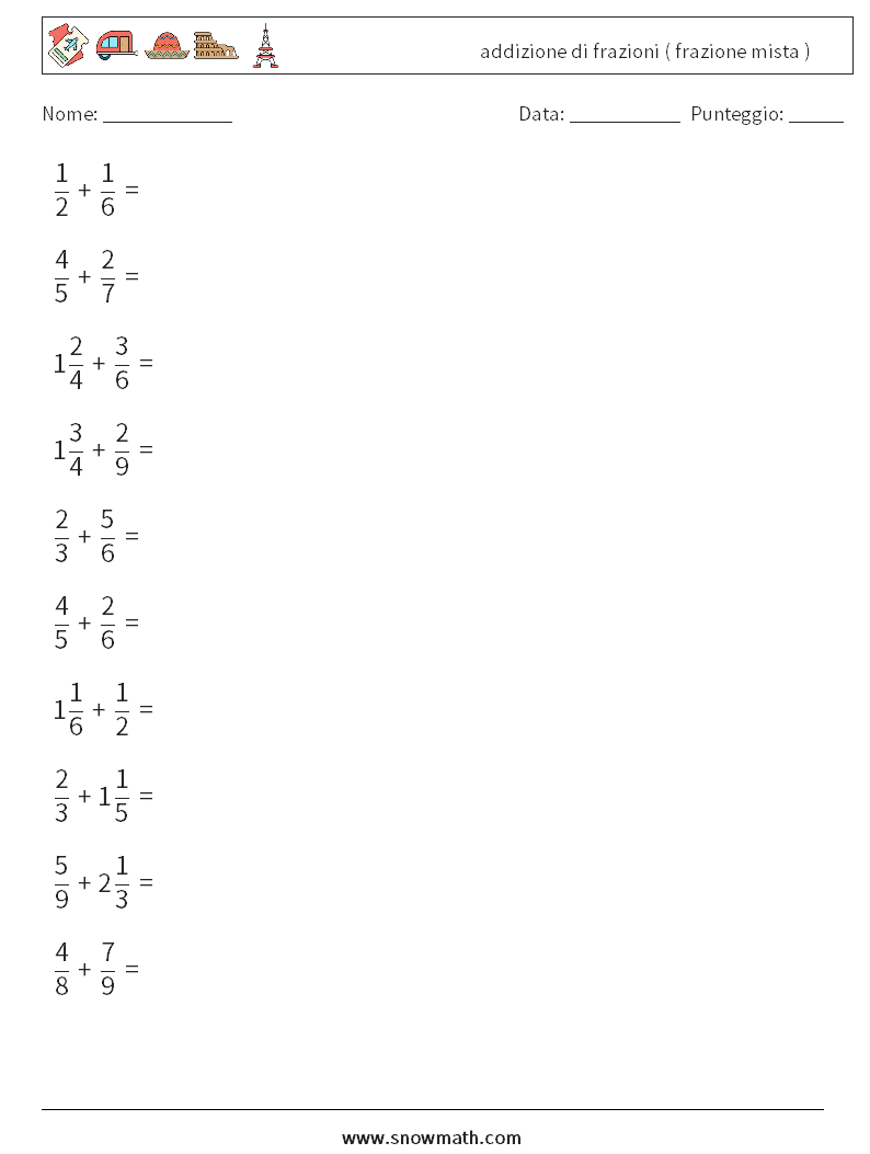 (10) addizione di frazioni ( frazione mista ) Fogli di lavoro di matematica 7