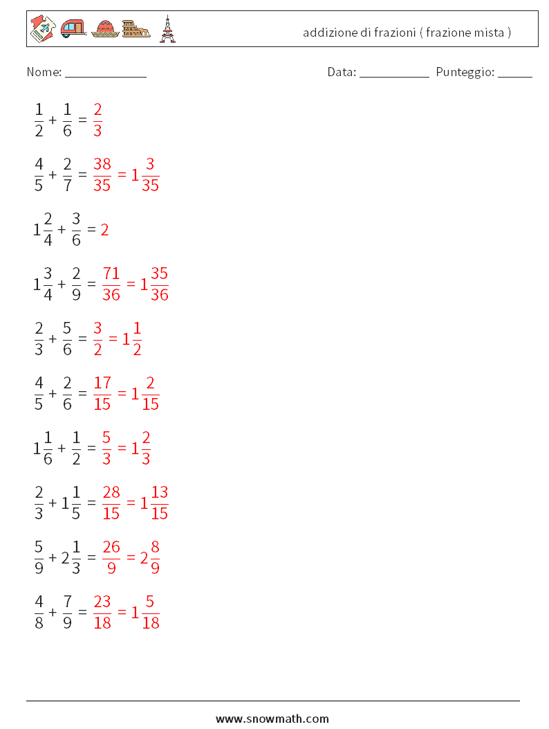 (10) addizione di frazioni ( frazione mista ) Fogli di lavoro di matematica 7 Domanda, Risposta