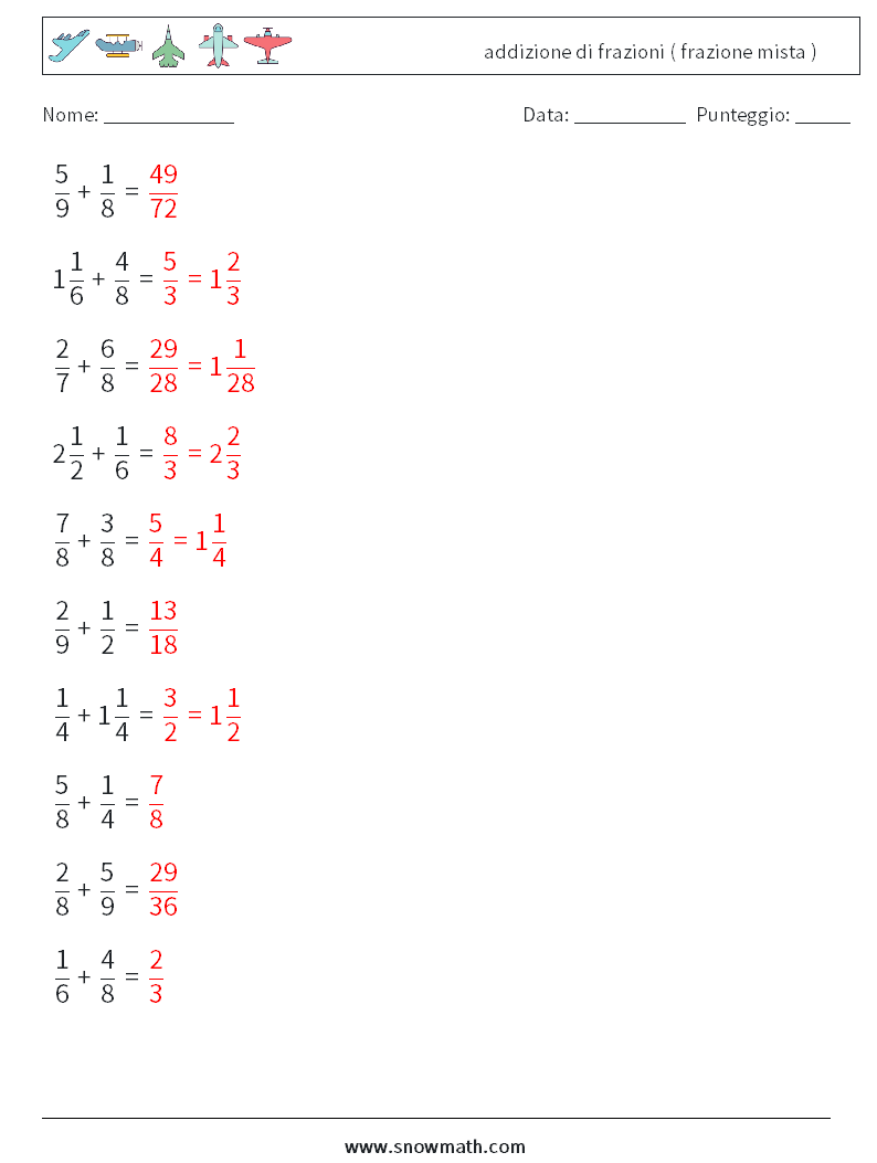 (10) addizione di frazioni ( frazione mista ) Fogli di lavoro di matematica 8 Domanda, Risposta