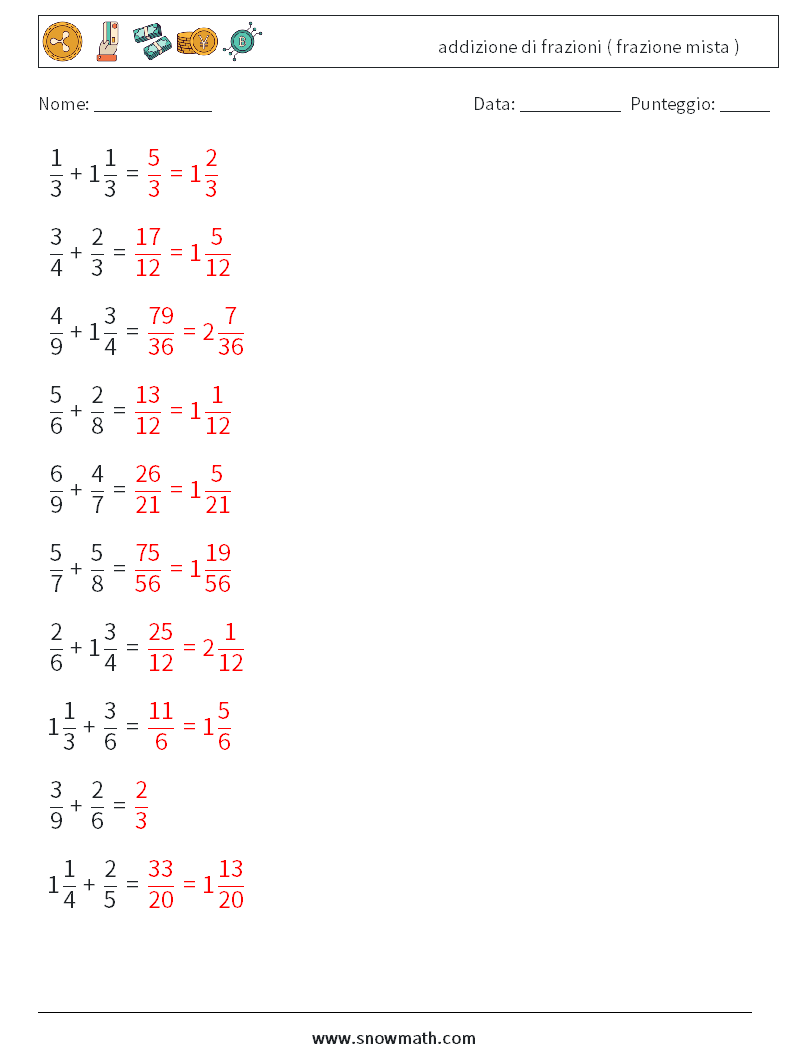 (10) addizione di frazioni ( frazione mista ) Fogli di lavoro di matematica 9 Domanda, Risposta
