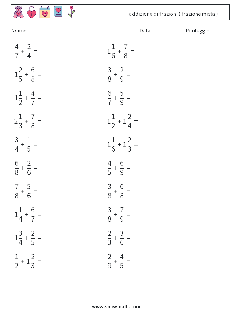 (20) addizione di frazioni ( frazione mista ) Fogli di lavoro di matematica 1