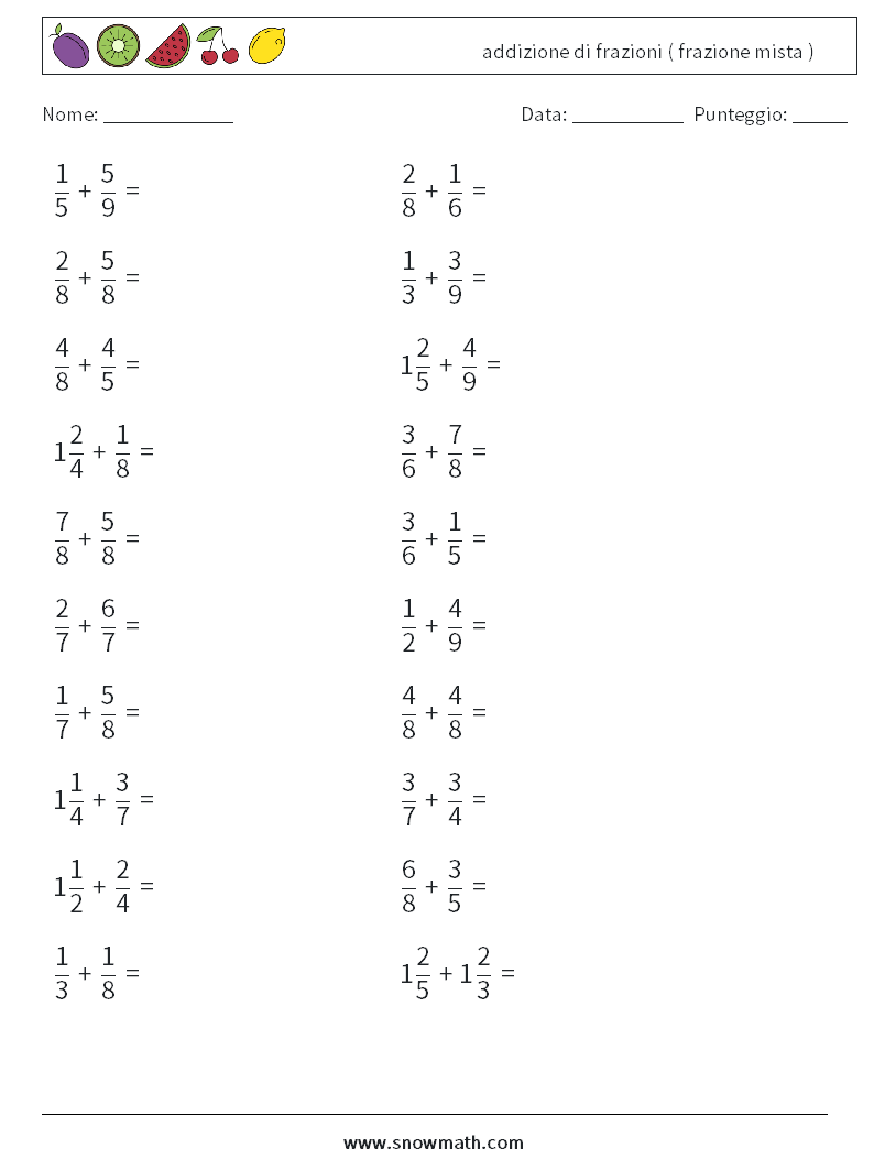 (20) addizione di frazioni ( frazione mista ) Fogli di lavoro di matematica 11