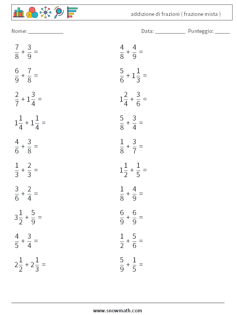 (20) addizione di frazioni ( frazione mista ) Fogli di lavoro di matematica 17