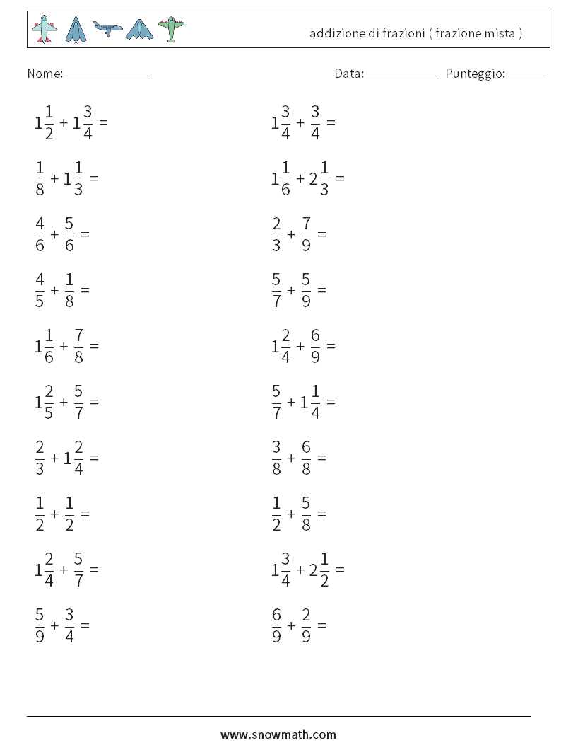 (20) addizione di frazioni ( frazione mista ) Fogli di lavoro di matematica 2