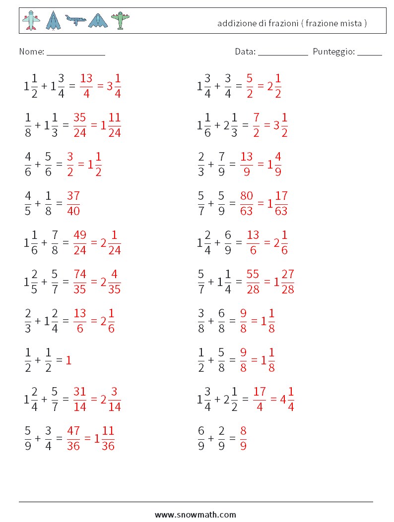 (20) addizione di frazioni ( frazione mista ) Fogli di lavoro di matematica 2 Domanda, Risposta