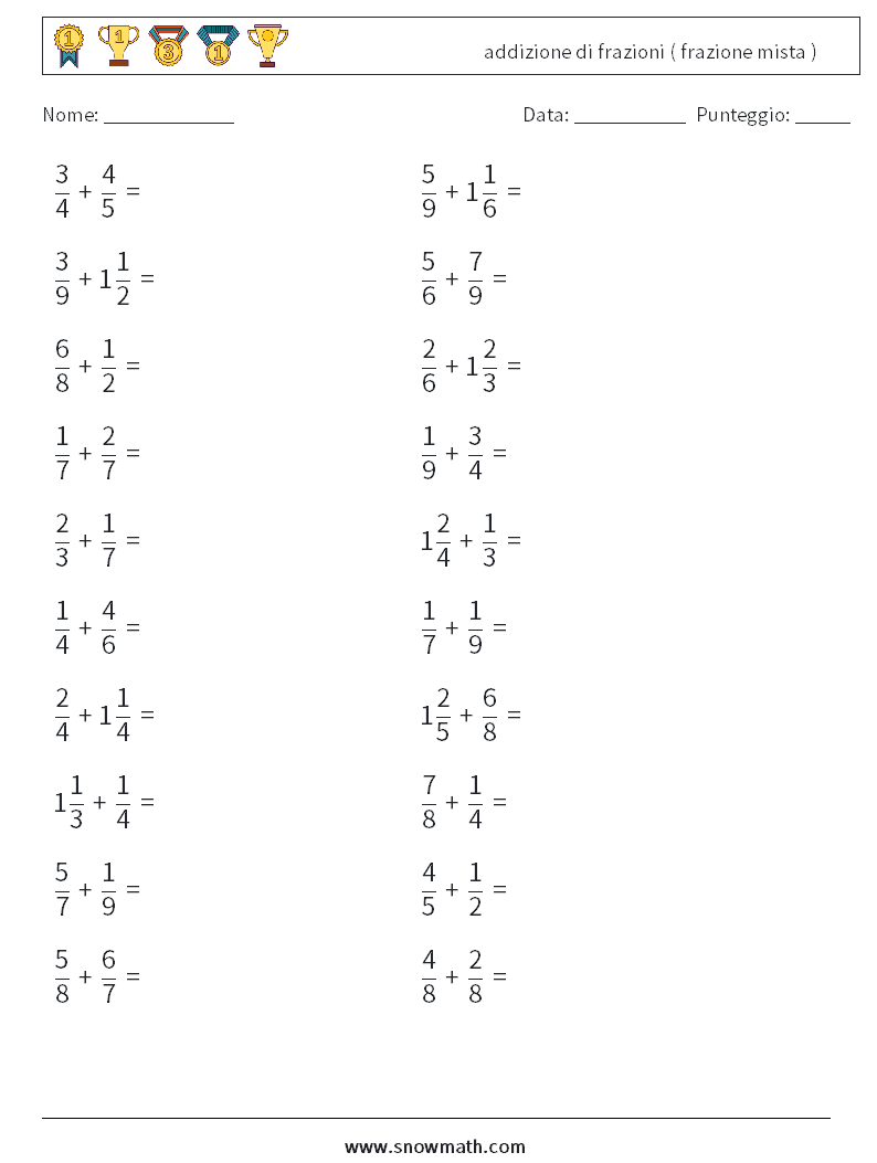 (20) addizione di frazioni ( frazione mista ) Fogli di lavoro di matematica 4