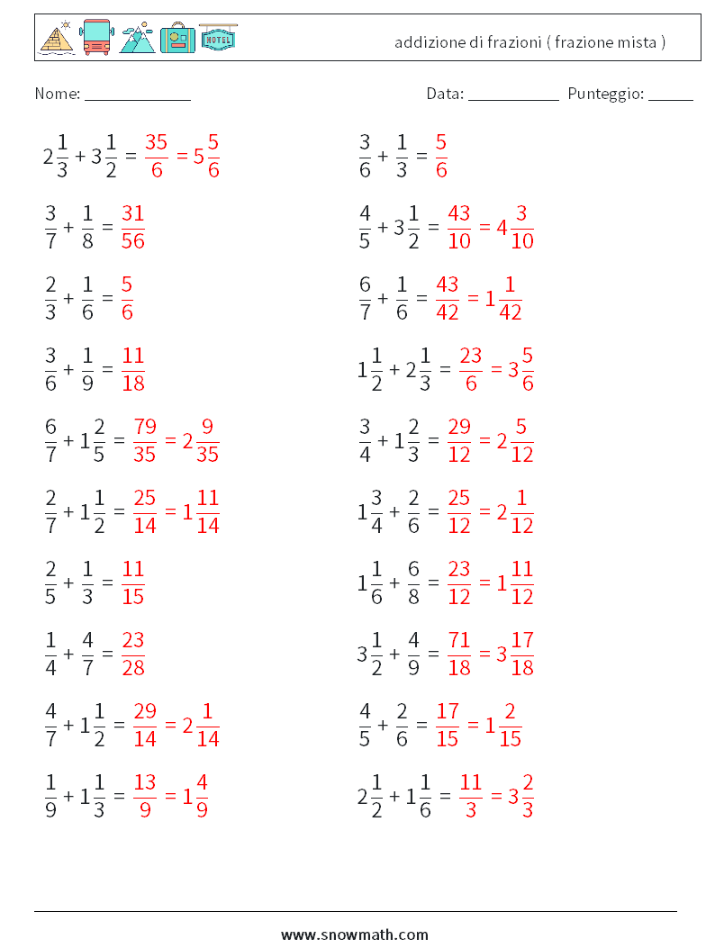 (20) addizione di frazioni ( frazione mista ) Fogli di lavoro di matematica 5 Domanda, Risposta