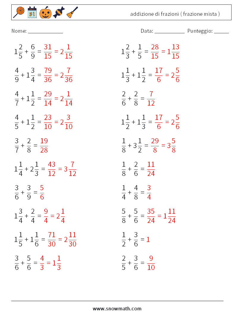 (20) addizione di frazioni ( frazione mista ) Fogli di lavoro di matematica 8 Domanda, Risposta