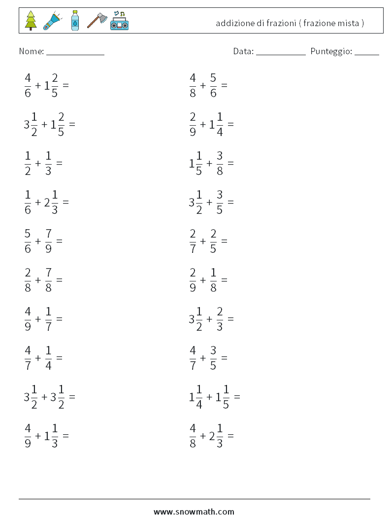 (20) addizione di frazioni ( frazione mista ) Fogli di lavoro di matematica 9