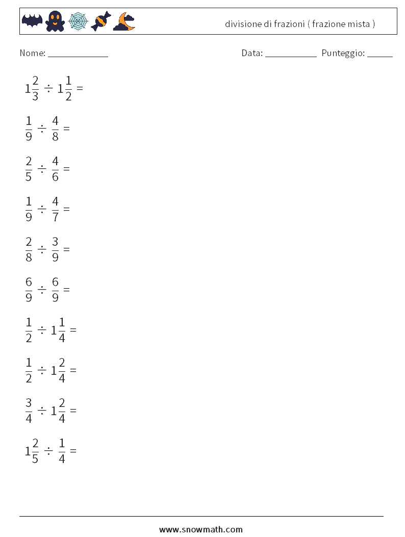 (10) divisione di frazioni ( frazione mista ) Fogli di lavoro di matematica 12