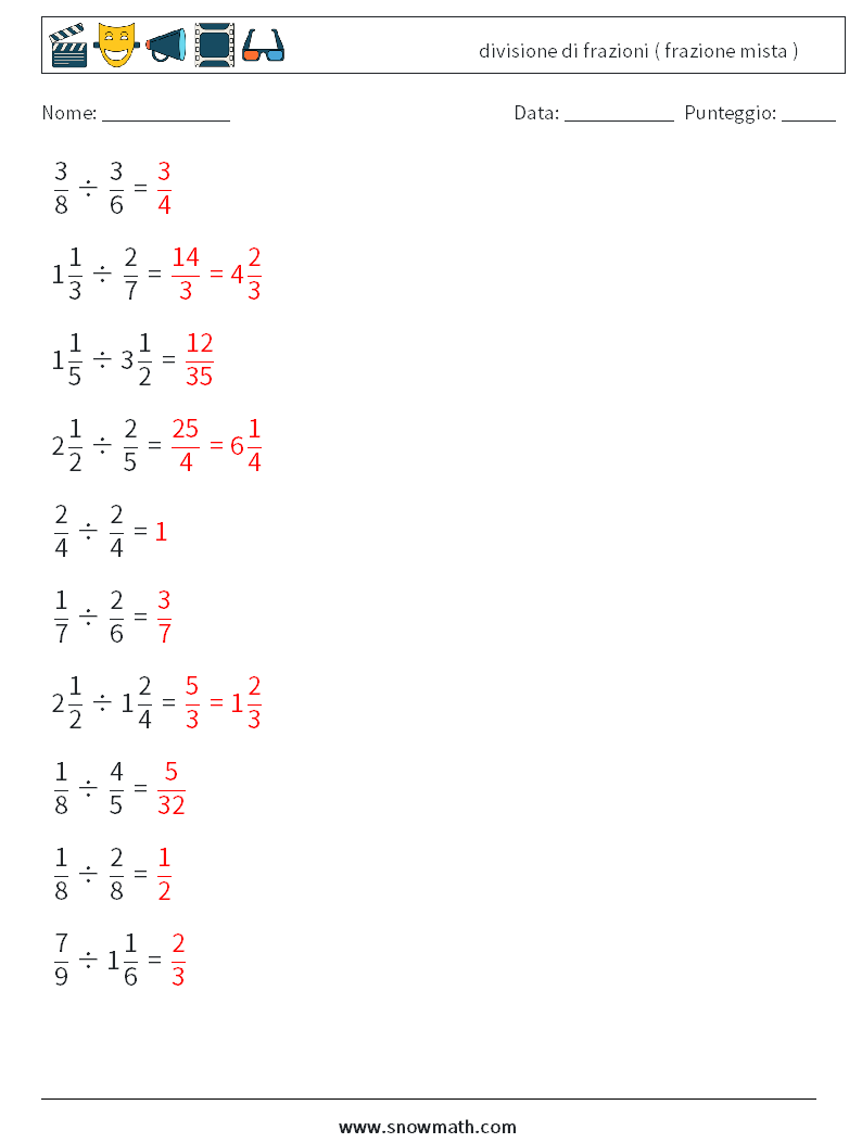 (10) divisione di frazioni ( frazione mista ) Fogli di lavoro di matematica 17 Domanda, Risposta