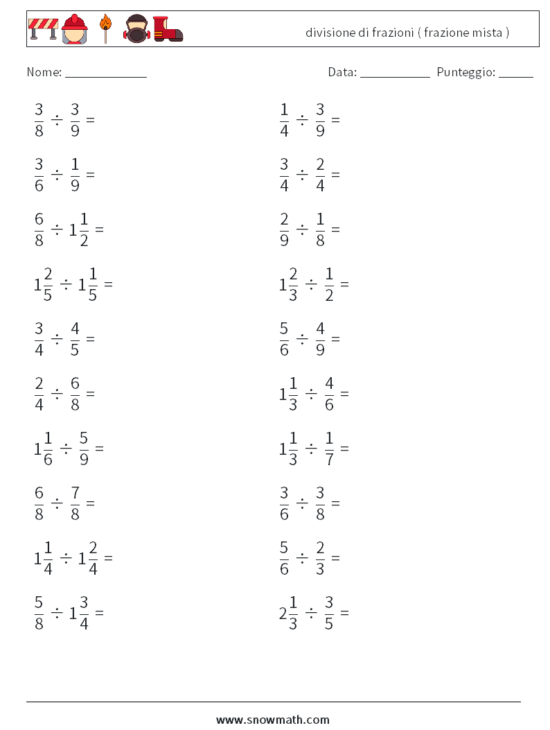 (20) divisione di frazioni ( frazione mista ) Fogli di lavoro di matematica 1