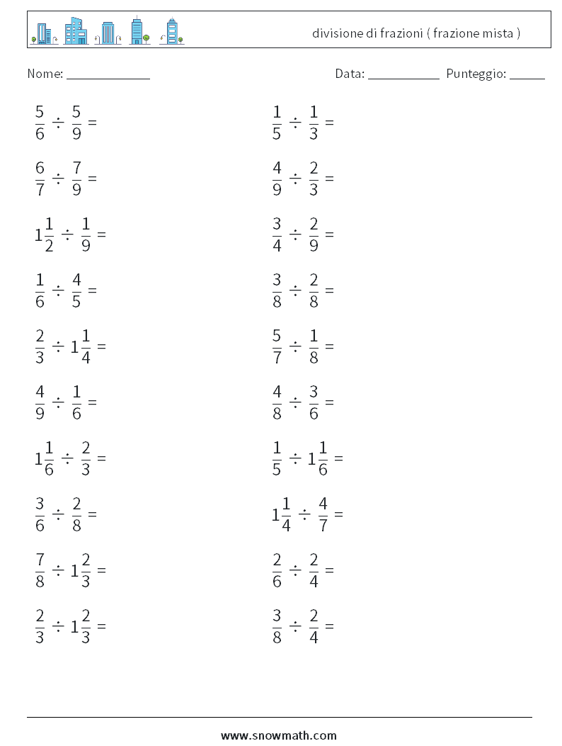 (20) divisione di frazioni ( frazione mista ) Fogli di lavoro di matematica 5