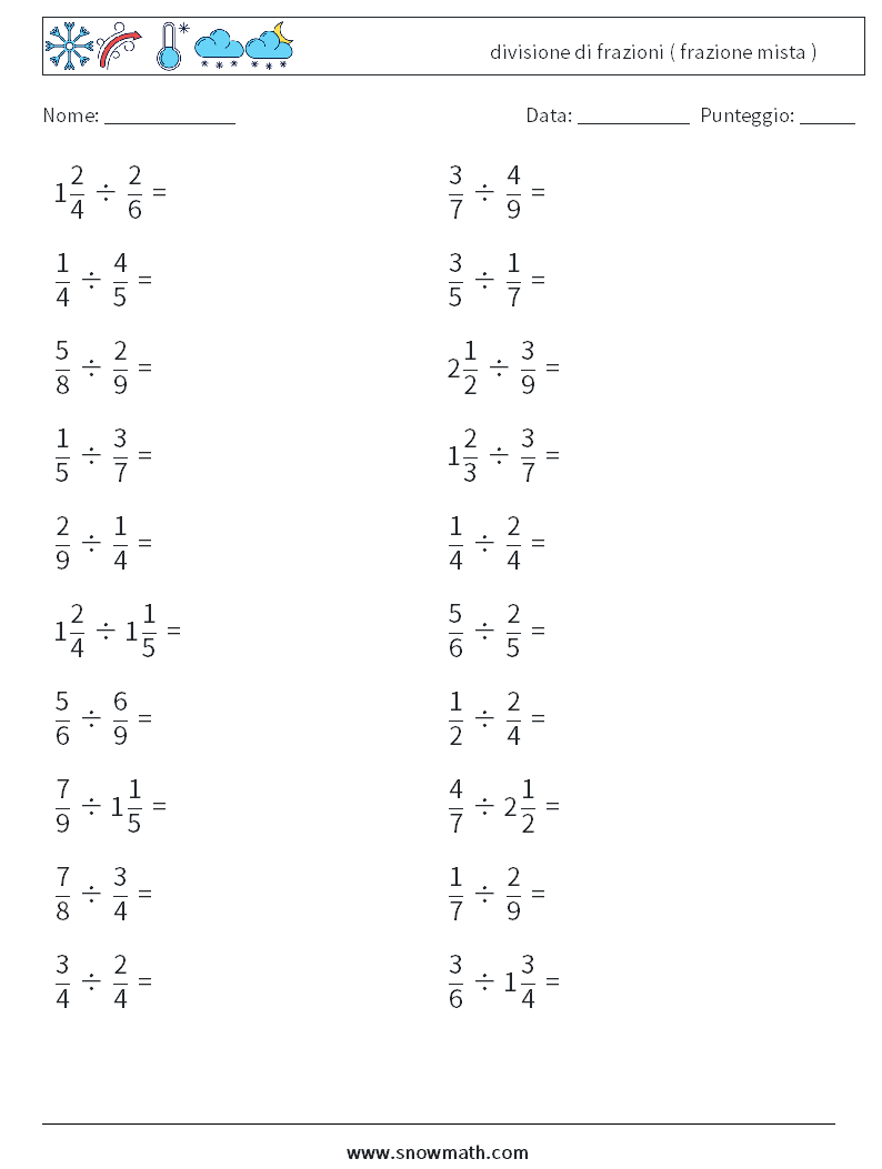 (20) divisione di frazioni ( frazione mista ) Fogli di lavoro di matematica 9