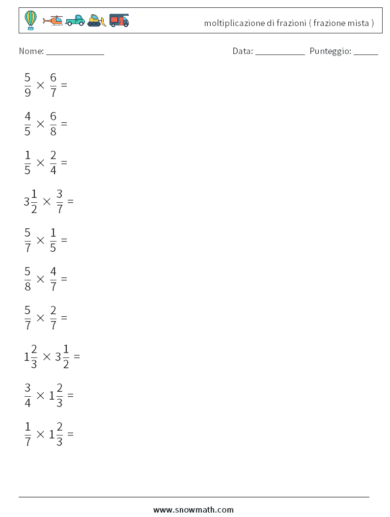 (10) moltiplicazione di frazioni ( frazione mista ) Fogli di lavoro di matematica 10