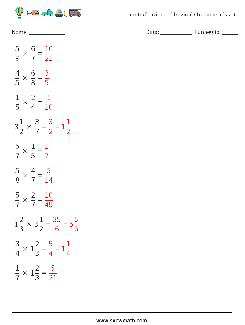 (10) moltiplicazione di frazioni ( frazione mista ) Fogli di lavoro di matematica 10 Domanda, Risposta