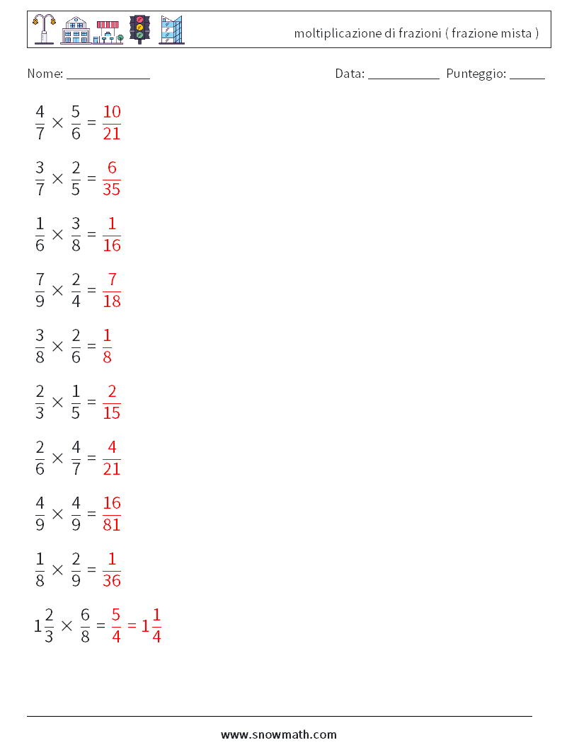 (10) moltiplicazione di frazioni ( frazione mista ) Fogli di lavoro di matematica 11 Domanda, Risposta