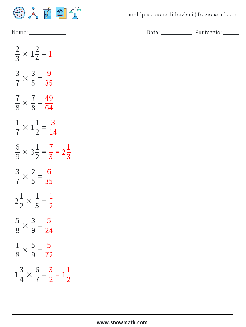 (10) moltiplicazione di frazioni ( frazione mista ) Fogli di lavoro di matematica 12 Domanda, Risposta