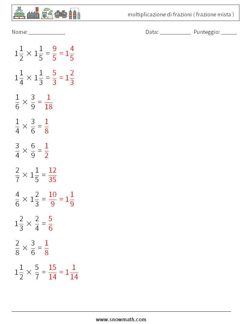(10) moltiplicazione di frazioni ( frazione mista ) Fogli di lavoro di matematica 13 Domanda, Risposta