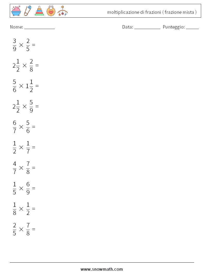 (10) moltiplicazione di frazioni ( frazione mista ) Fogli di lavoro di matematica 14