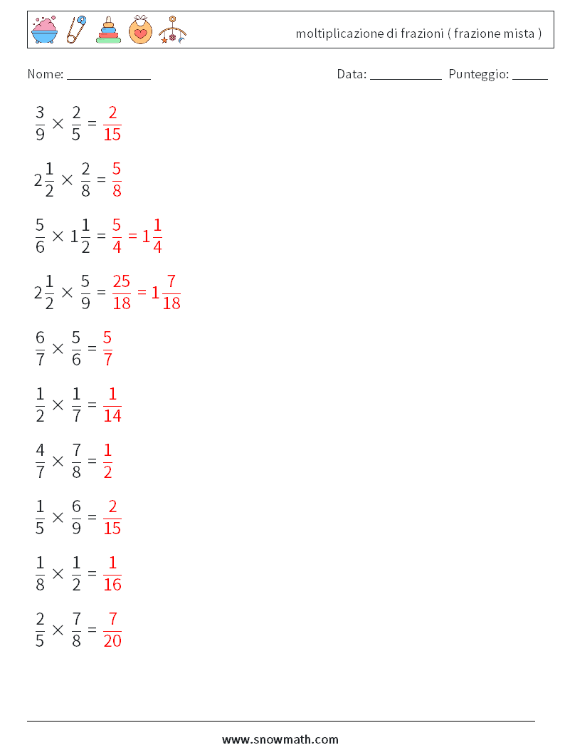 (10) moltiplicazione di frazioni ( frazione mista ) Fogli di lavoro di matematica 14 Domanda, Risposta
