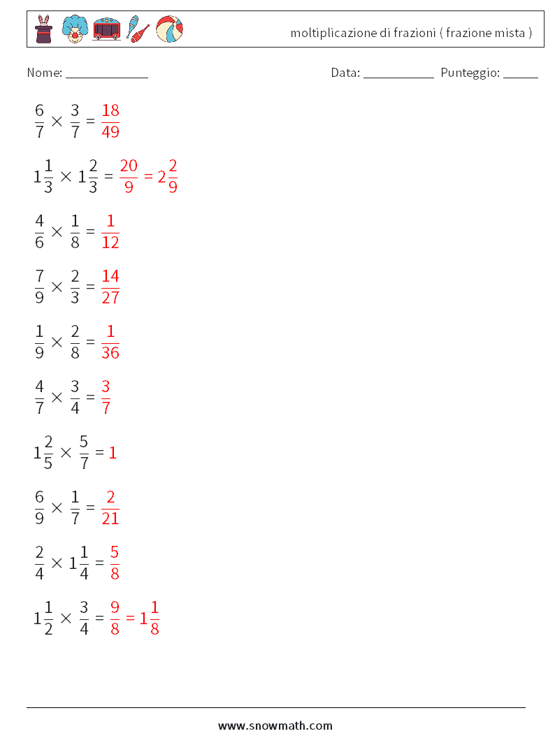 (10) moltiplicazione di frazioni ( frazione mista ) Fogli di lavoro di matematica 15 Domanda, Risposta