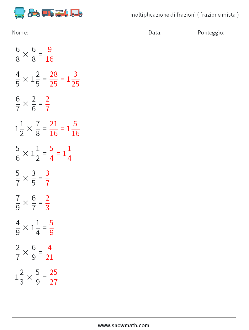 (10) moltiplicazione di frazioni ( frazione mista ) Fogli di lavoro di matematica 16 Domanda, Risposta