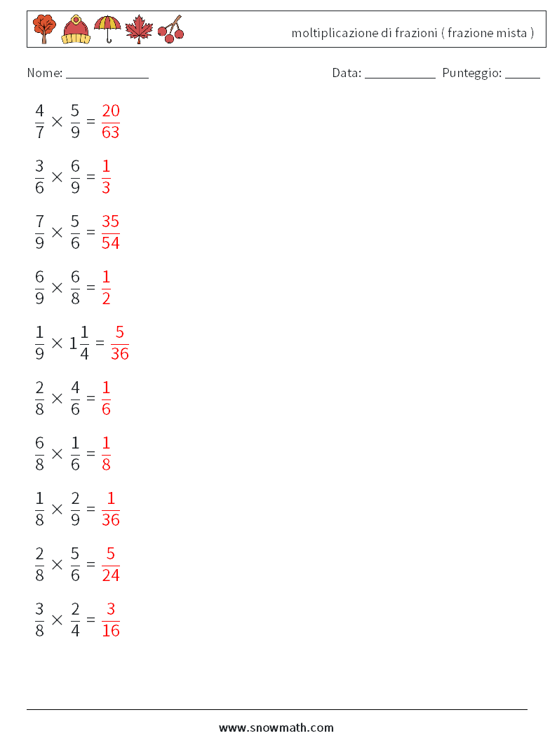 (10) moltiplicazione di frazioni ( frazione mista ) Fogli di lavoro di matematica 17 Domanda, Risposta