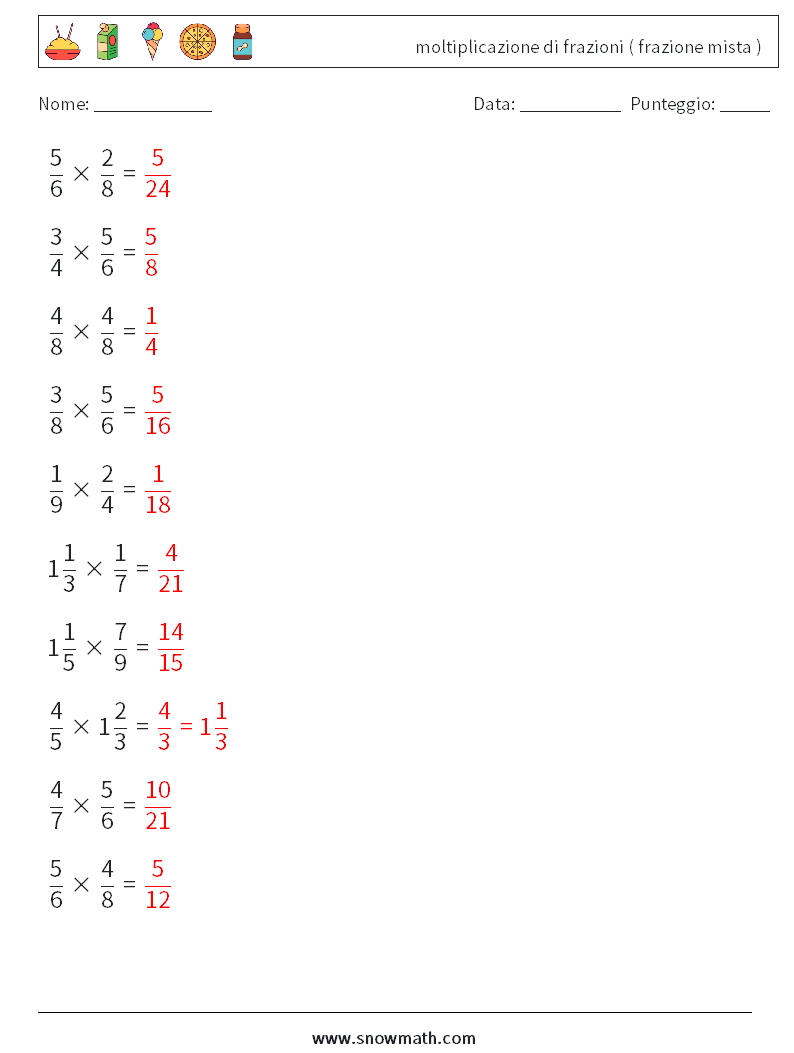 (10) moltiplicazione di frazioni ( frazione mista ) Fogli di lavoro di matematica 18 Domanda, Risposta