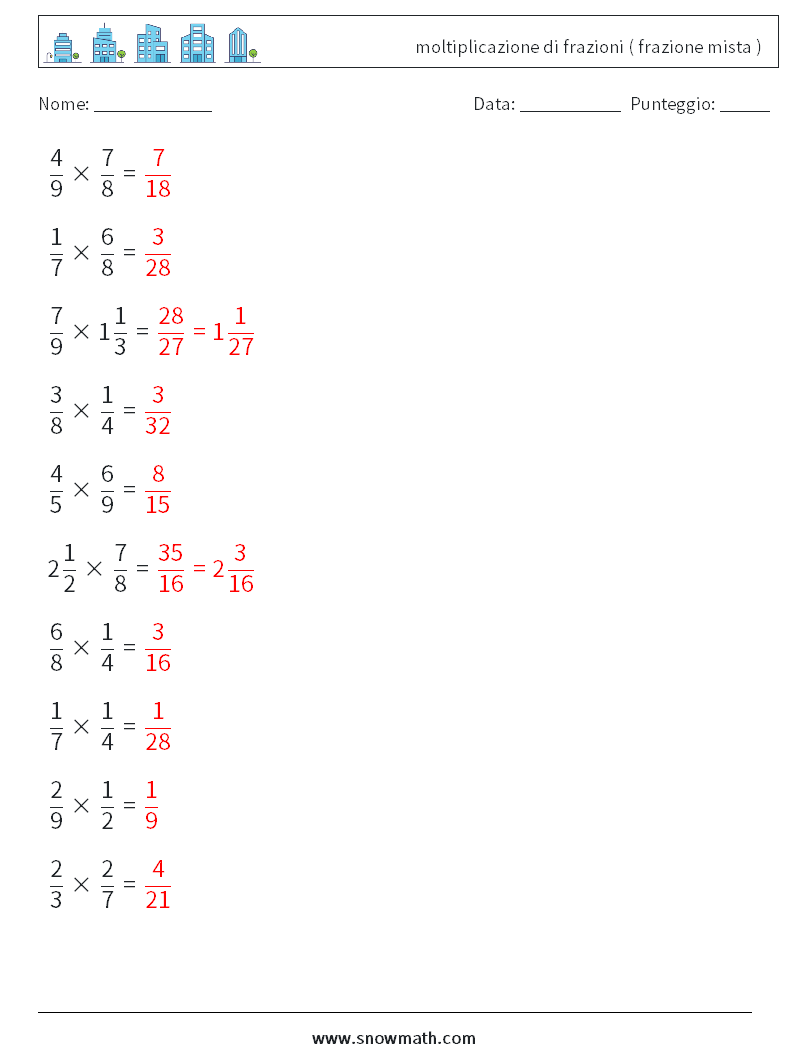 (10) moltiplicazione di frazioni ( frazione mista ) Fogli di lavoro di matematica 1 Domanda, Risposta