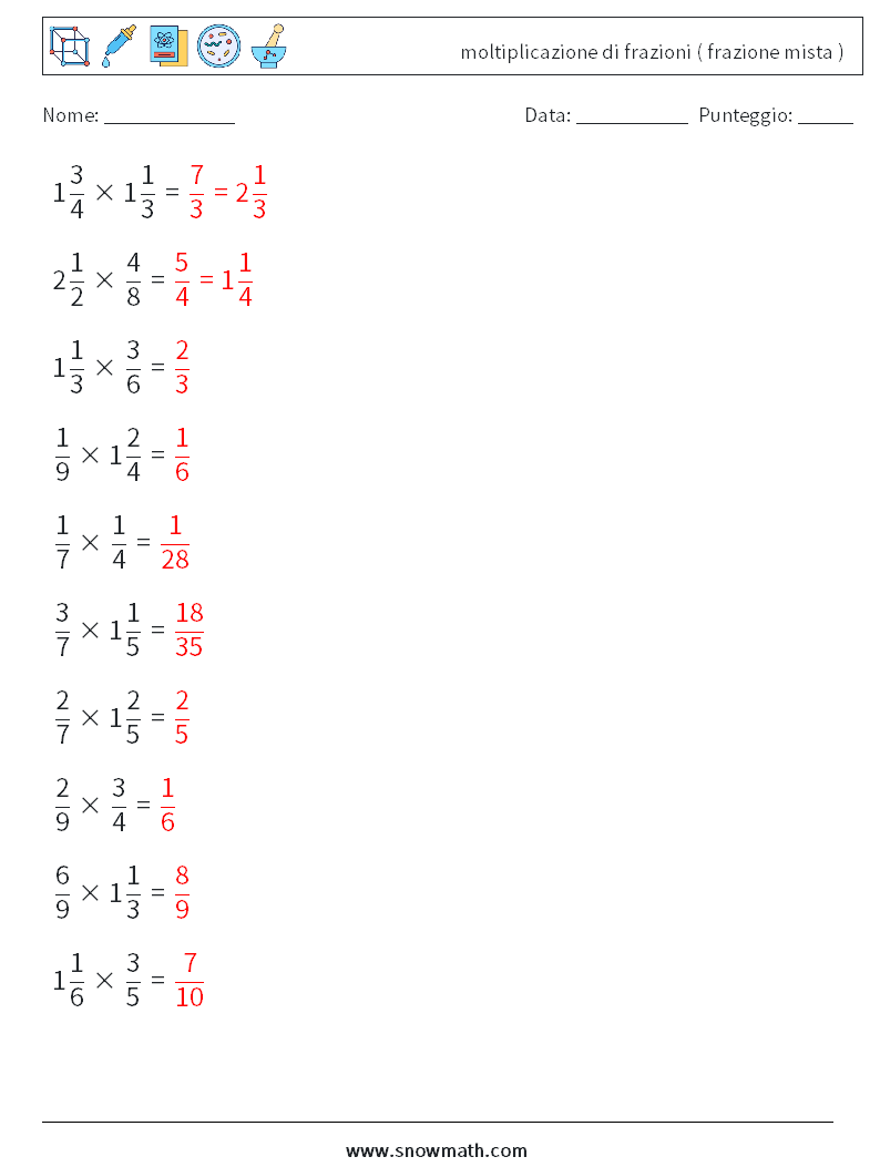 (10) moltiplicazione di frazioni ( frazione mista ) Fogli di lavoro di matematica 2 Domanda, Risposta