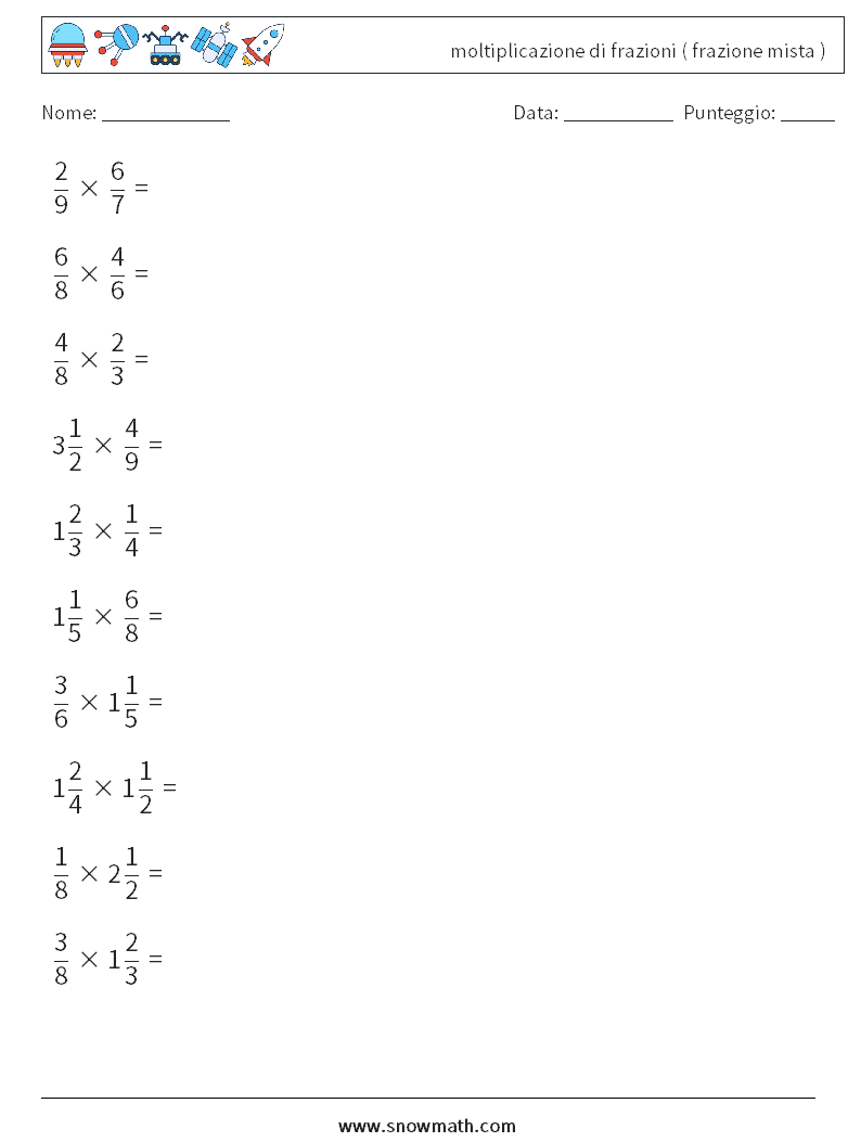 (10) moltiplicazione di frazioni ( frazione mista ) Fogli di lavoro di matematica 3
