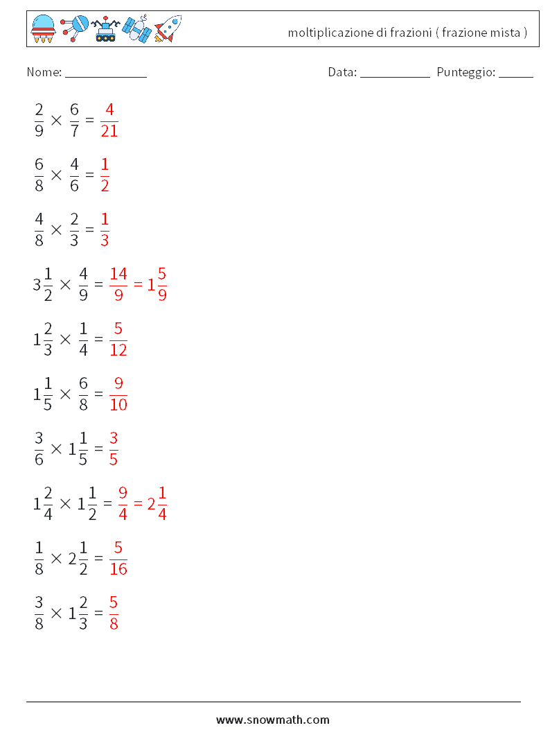 (10) moltiplicazione di frazioni ( frazione mista ) Fogli di lavoro di matematica 3 Domanda, Risposta
