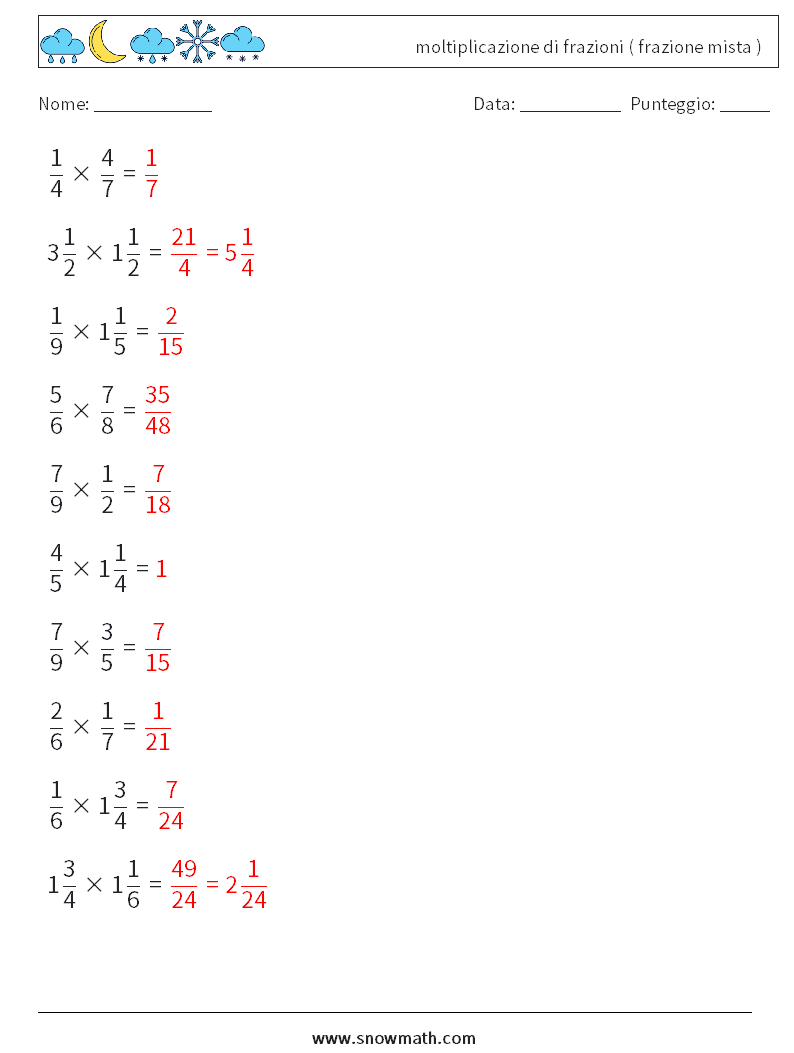 (10) moltiplicazione di frazioni ( frazione mista ) Fogli di lavoro di matematica 4 Domanda, Risposta