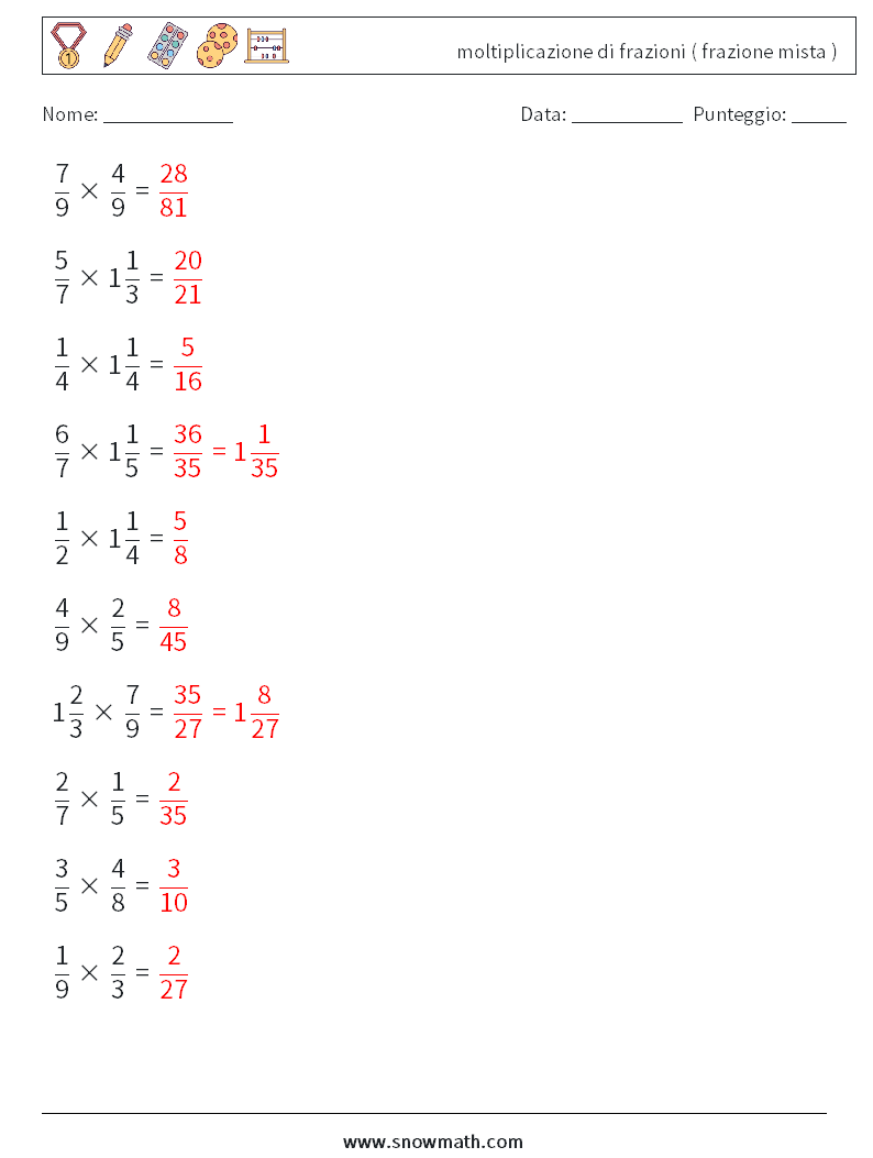 (10) moltiplicazione di frazioni ( frazione mista ) Fogli di lavoro di matematica 5 Domanda, Risposta
