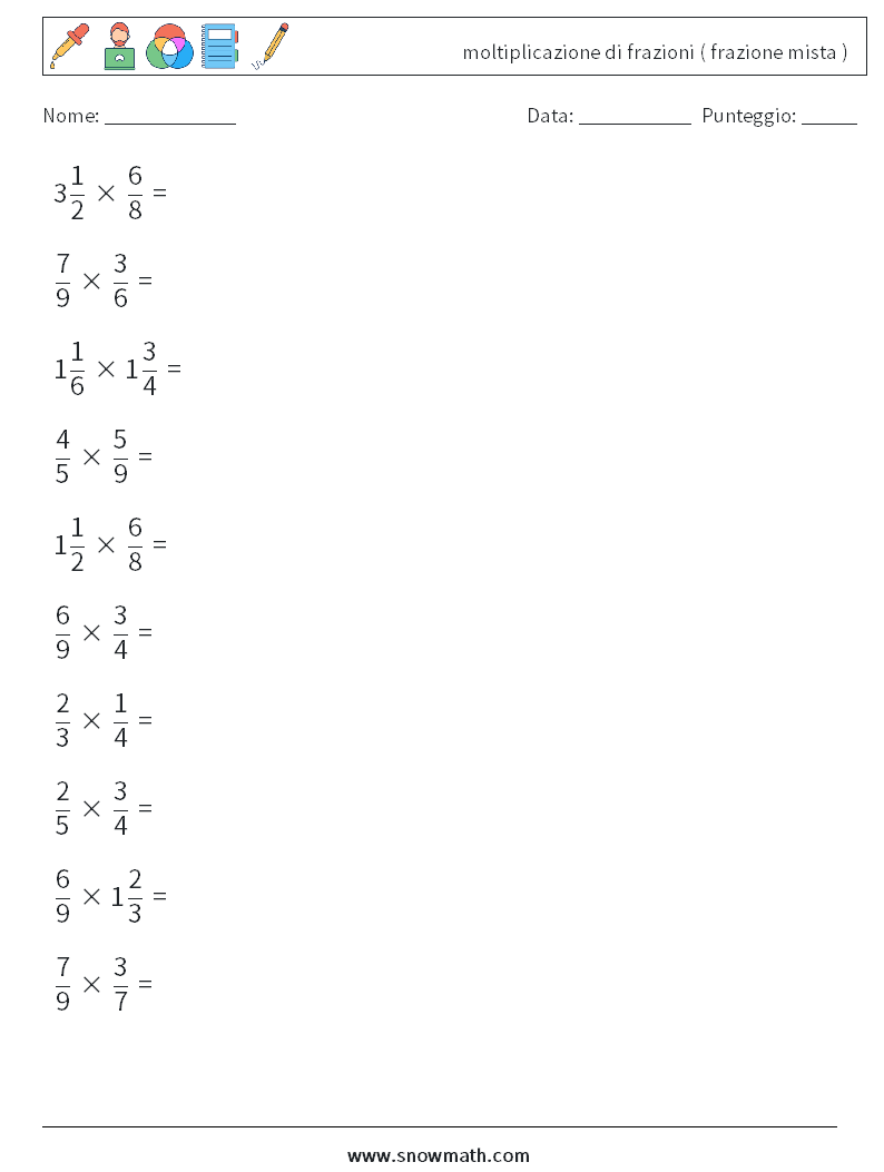 (10) moltiplicazione di frazioni ( frazione mista ) Fogli di lavoro di matematica 6