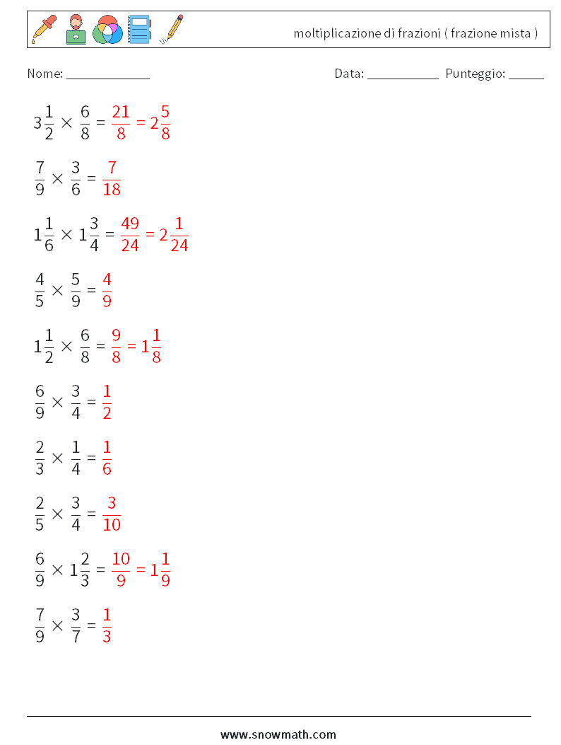 (10) moltiplicazione di frazioni ( frazione mista ) Fogli di lavoro di matematica 6 Domanda, Risposta