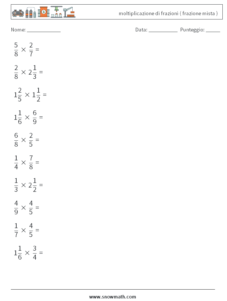 (10) moltiplicazione di frazioni ( frazione mista ) Fogli di lavoro di matematica 7