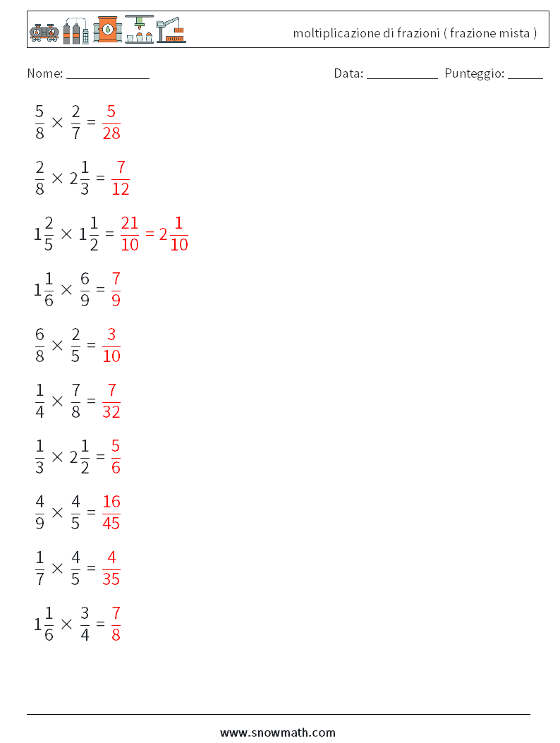 (10) moltiplicazione di frazioni ( frazione mista ) Fogli di lavoro di matematica 7 Domanda, Risposta