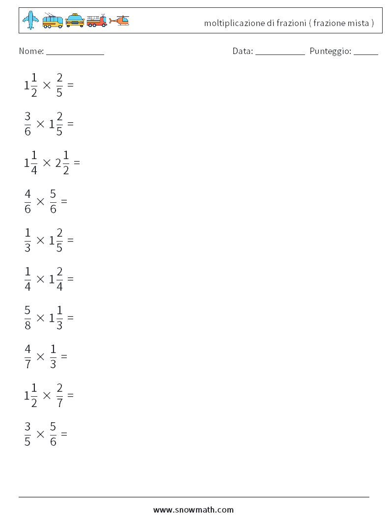 (10) moltiplicazione di frazioni ( frazione mista ) Fogli di lavoro di matematica 8