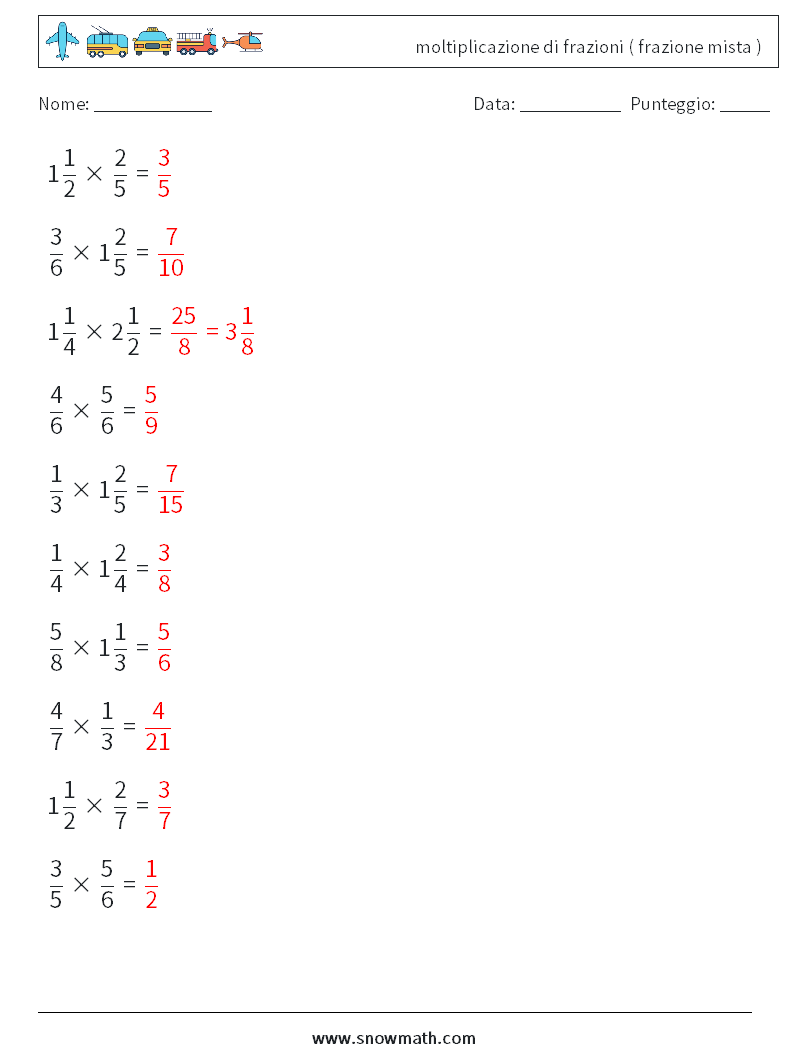 (10) moltiplicazione di frazioni ( frazione mista ) Fogli di lavoro di matematica 8 Domanda, Risposta