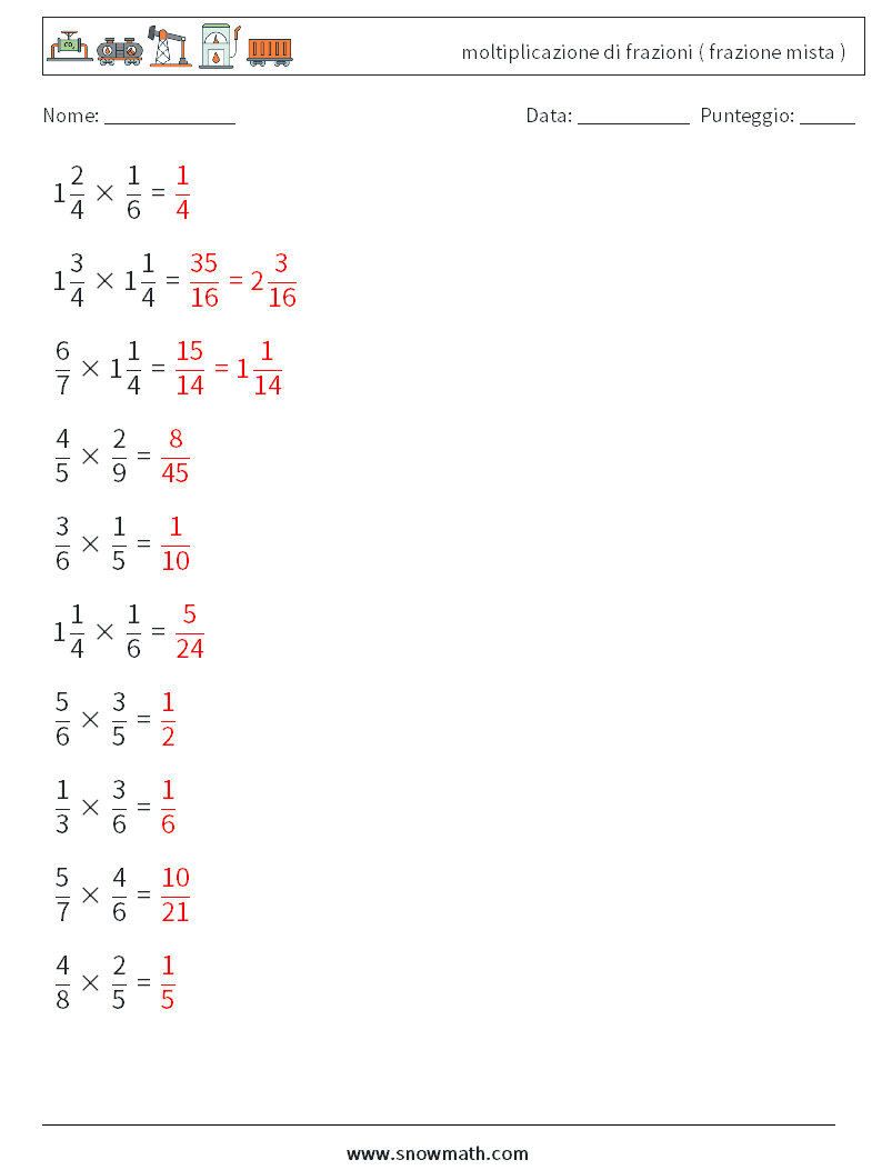 (10) moltiplicazione di frazioni ( frazione mista ) Fogli di lavoro di matematica 9 Domanda, Risposta
