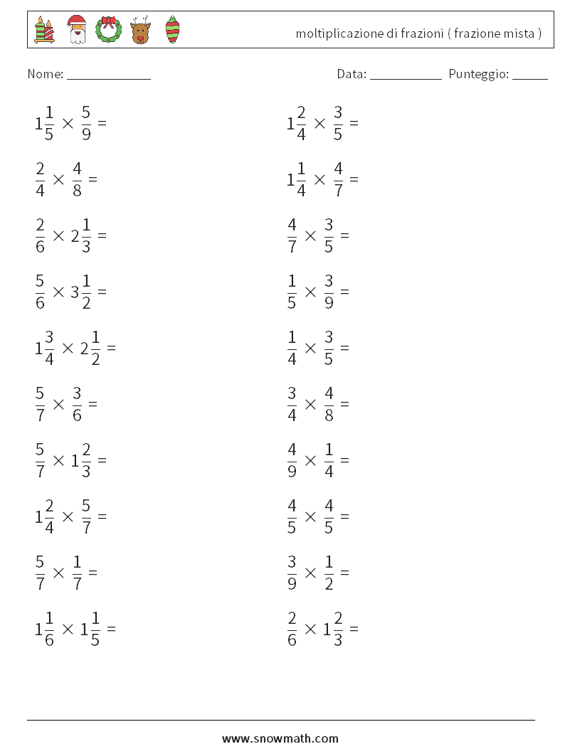 (20) moltiplicazione di frazioni ( frazione mista ) Fogli di lavoro di matematica 1