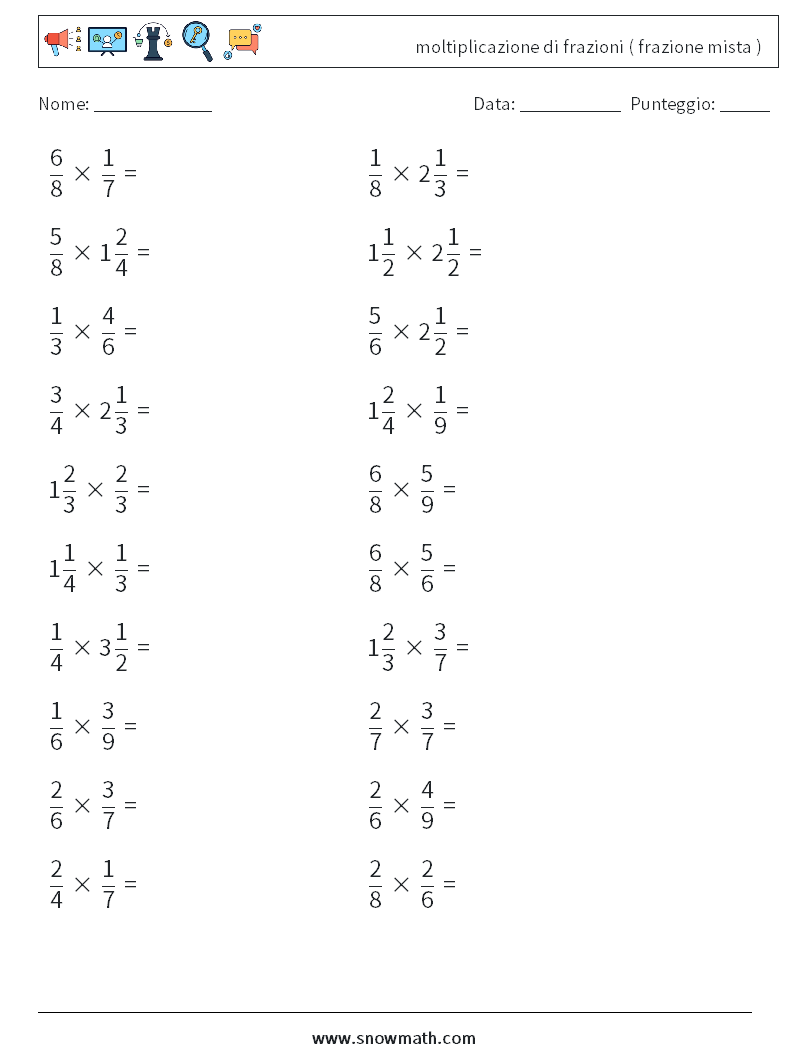 (20) moltiplicazione di frazioni ( frazione mista ) Fogli di lavoro di matematica 10