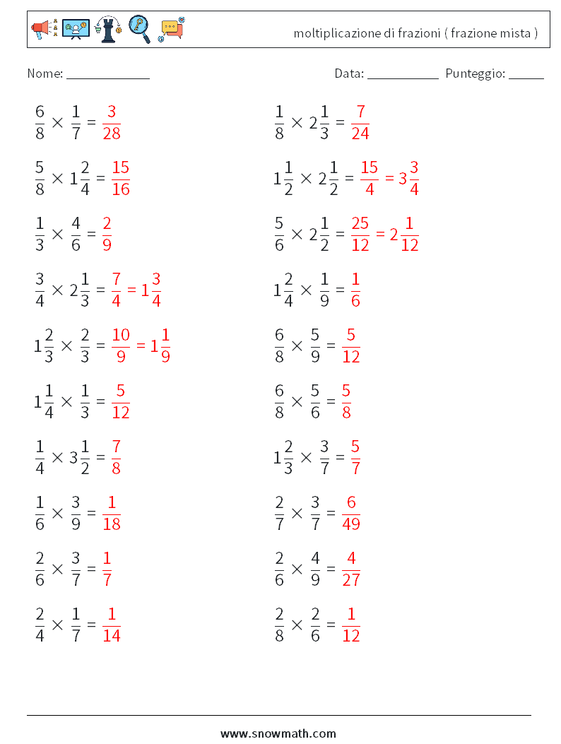 (20) moltiplicazione di frazioni ( frazione mista ) Fogli di lavoro di matematica 10 Domanda, Risposta